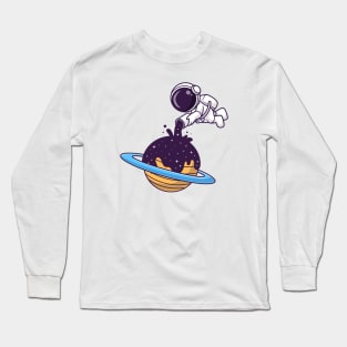 Cute Astronaut Pouring Space On Planet Cartoon Long Sleeve T-Shirt